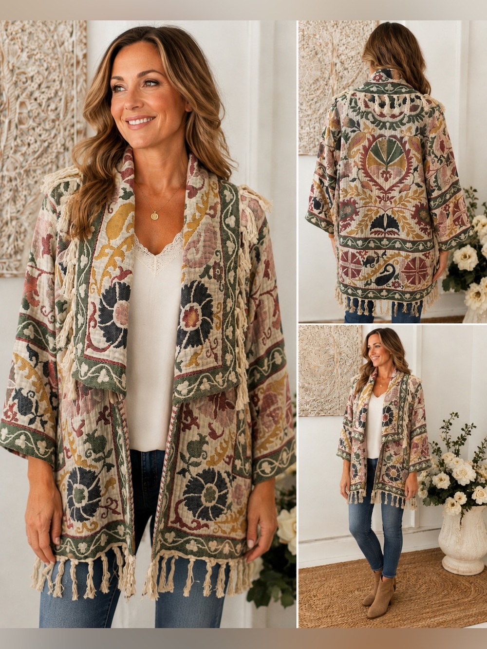 Oversized Floral Fringe Open-Front Women’s Sweater Cardigan